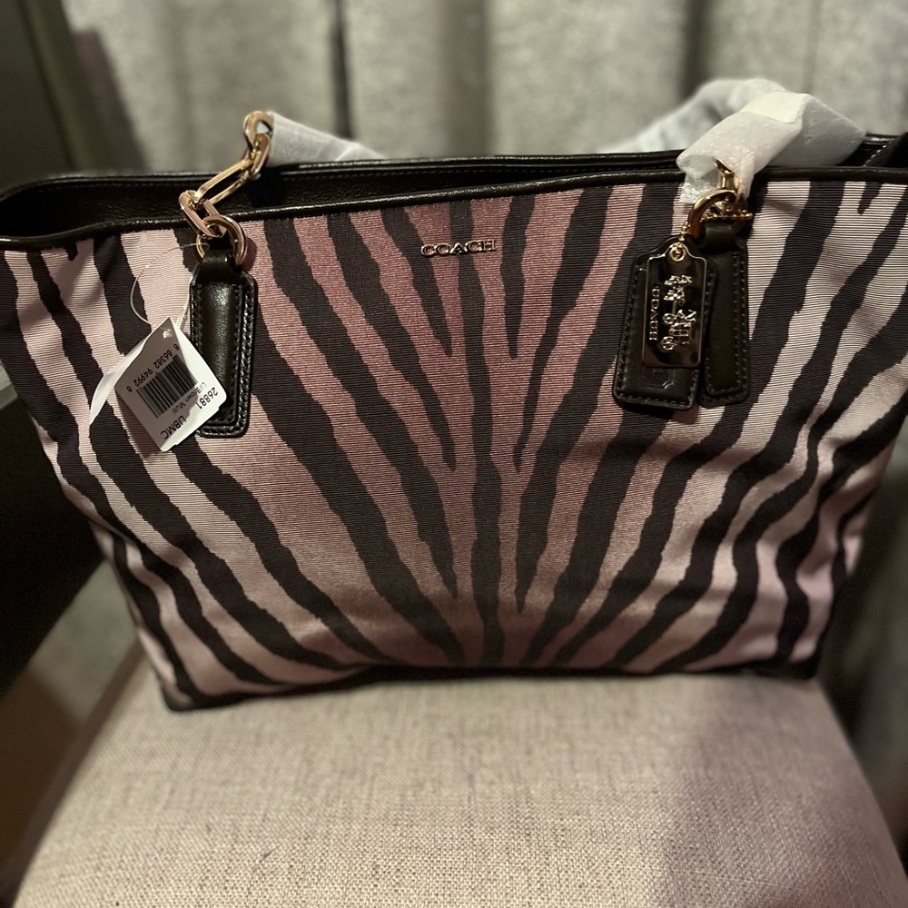 Coach Pink and Black Zebra Print Tote with Gold Hardware
